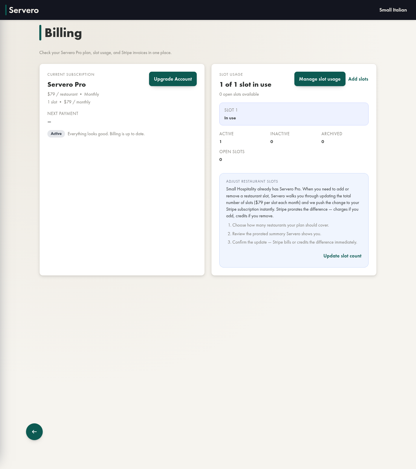 Pro billing page with slot usage
