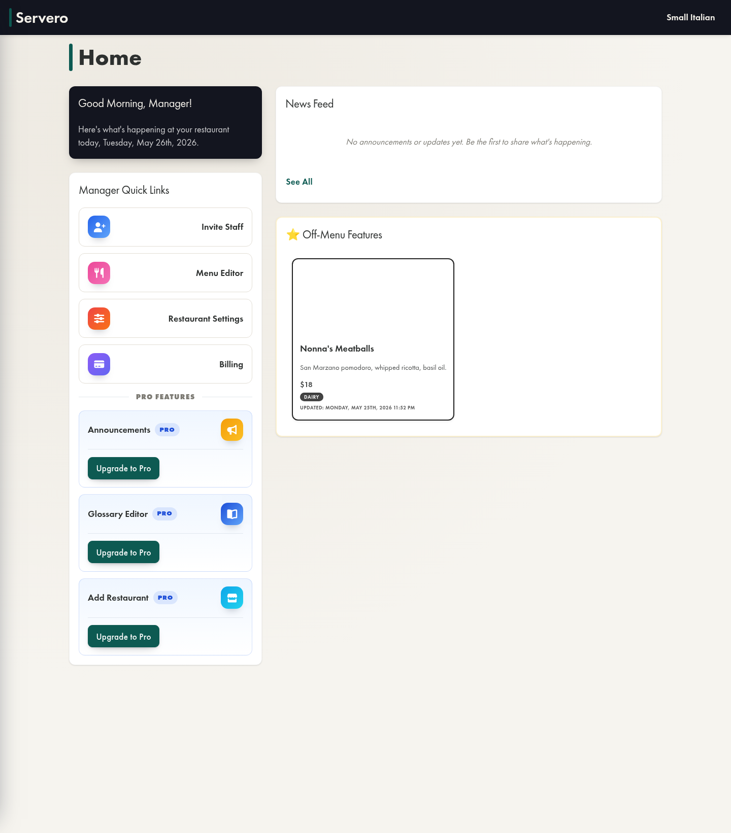 Starter manager home dashboard
