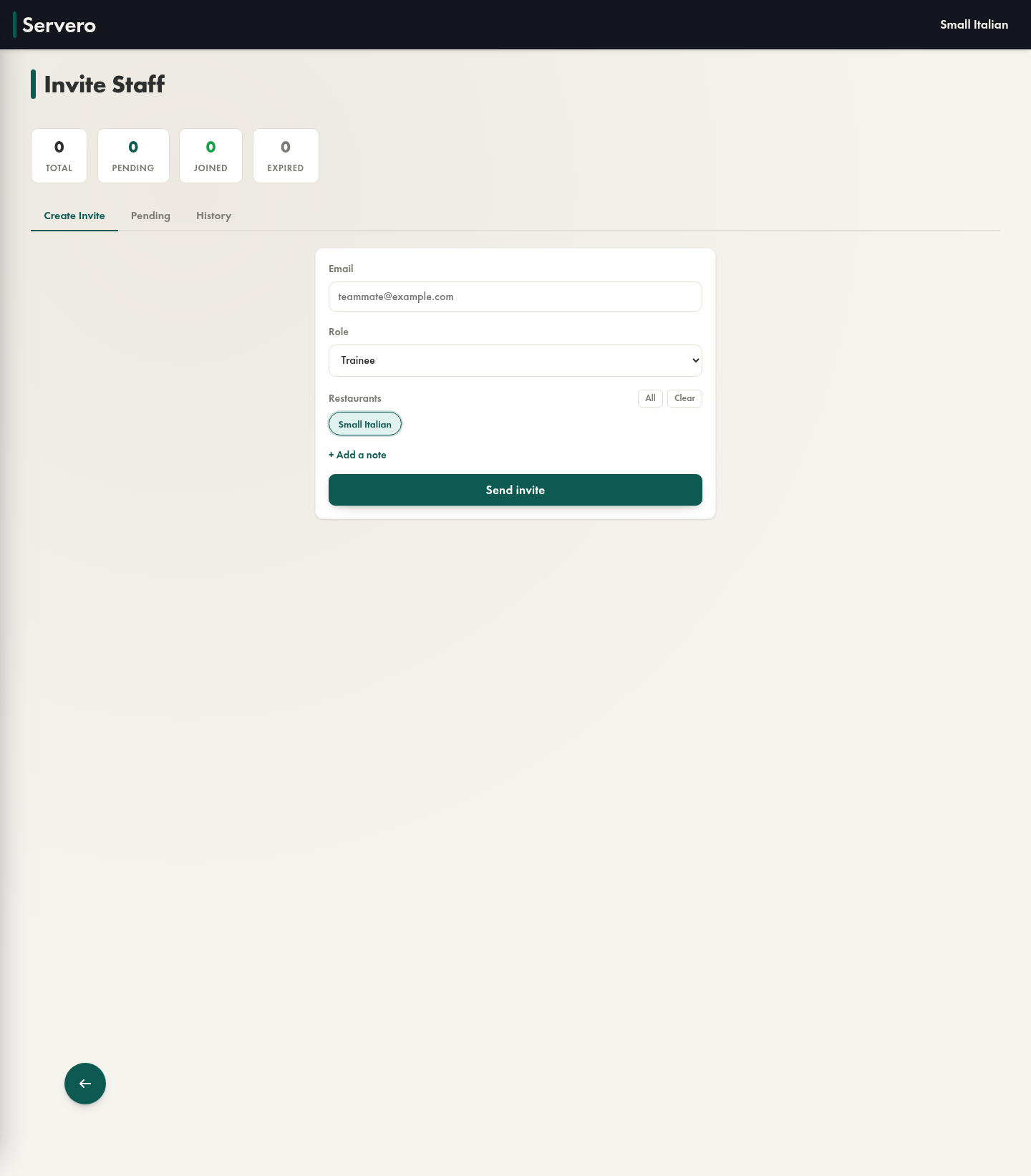 Invite Staff page